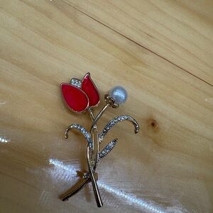 Gold and Red Tulip Brooch with Pearl